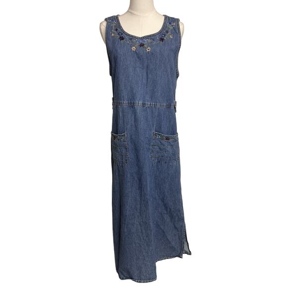 Jane Ashley Dresses & Skirts - Vintage Jane Ashley Denim Maxi Dress Size M Embroidered Floral 90s Gilmore Girls